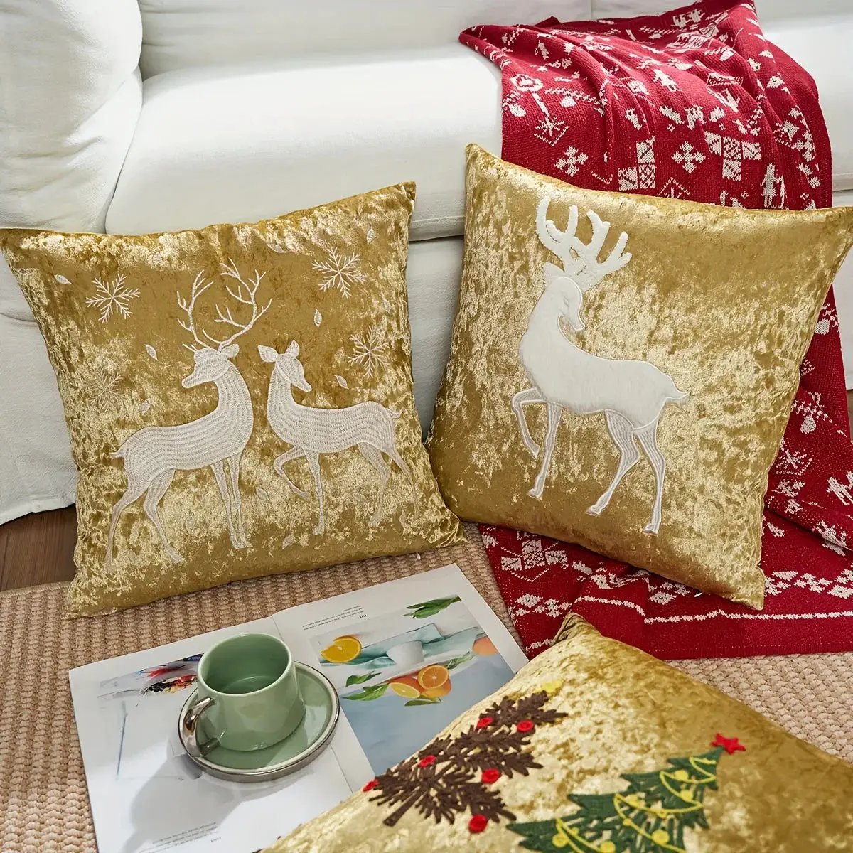 Cotton Christmas Pillow Cover 18x18 inches, White with Golden Snowflake Design by House Of Avana