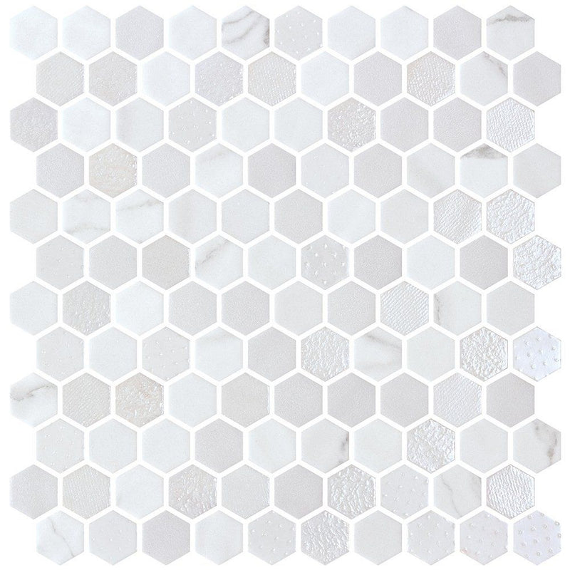 Cotton Multi Finish Hexagon Glass Mosaics 11 3/4x11 1/2 Glass Multi Finish 12x12 Mosaics