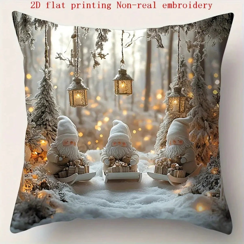 Cotton Pillowcase, Christmas Pattern, 17.72" Square, Snowman & Santa Claus Design by House Of Avana