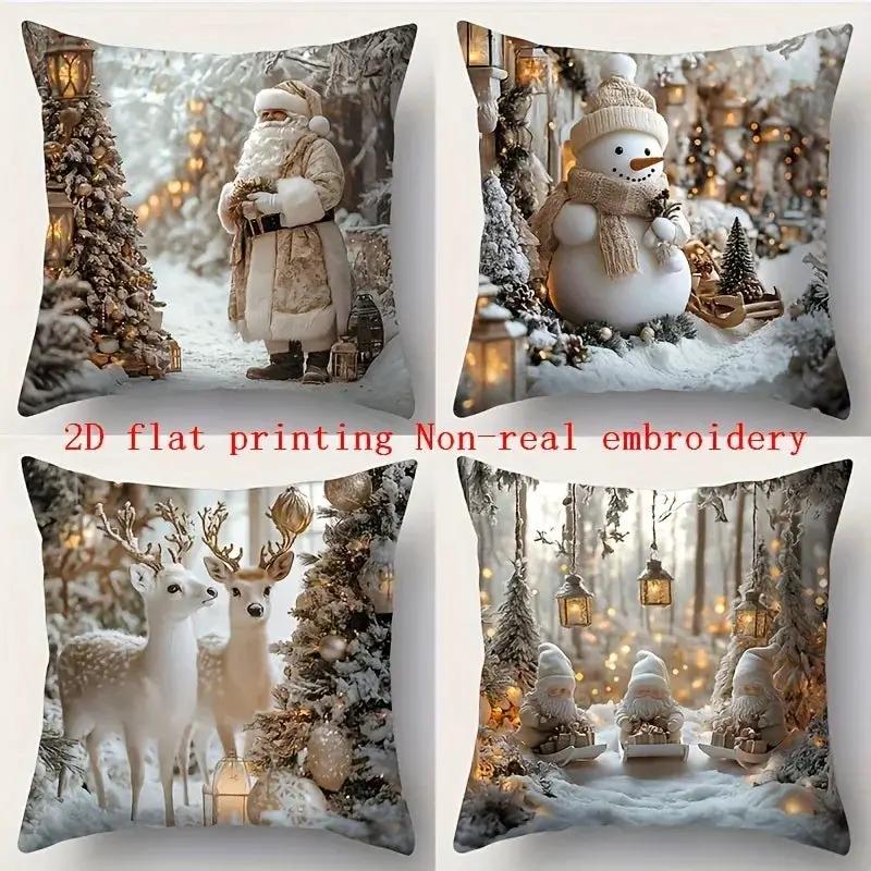 Cotton Pillowcase, Christmas Pattern, 17.72" Square, Snowman & Santa Claus Design by House Of Avana
