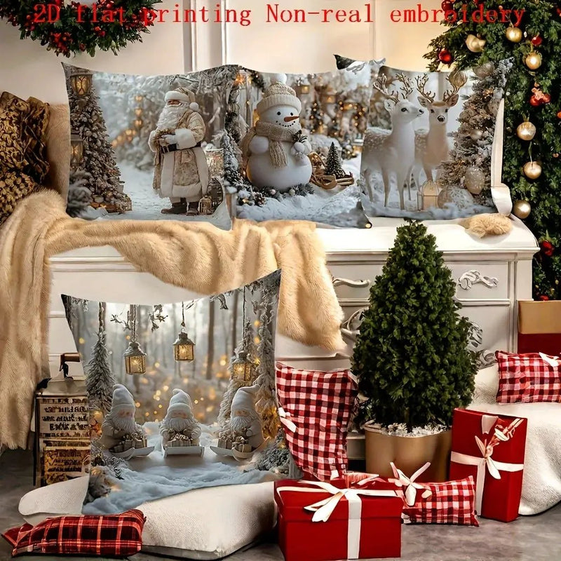 Cotton Pillowcase, Christmas Pattern, 17.72" Square, Snowman & Santa Claus Design by House Of Avana
