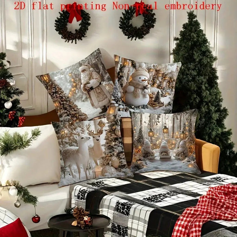 Cotton Pillowcase, Christmas Pattern, 17.72" Square, Snowman & Santa Claus Design by House Of Avana