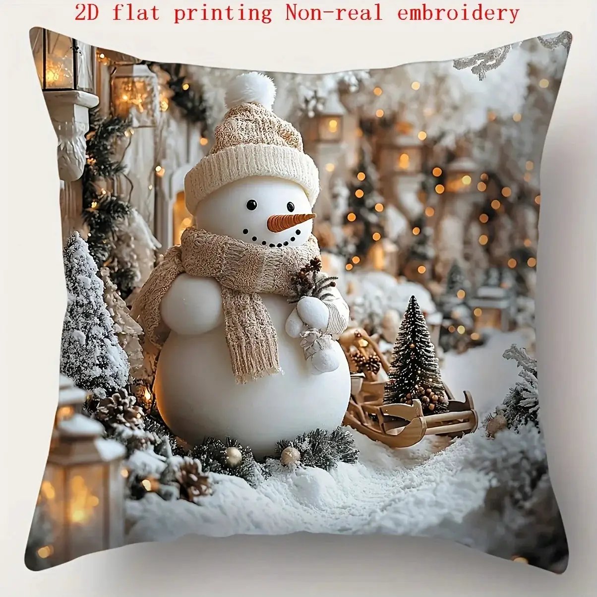 Cotton Pillowcase, Christmas Pattern, 17.72" Square, Snowman & Santa Claus Design by House Of Avana