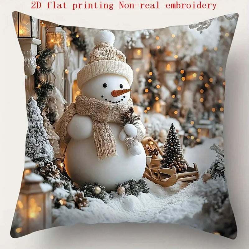 Cotton Pillowcase, Christmas Pattern, 17.72" Square, Snowman & Santa Claus Design by House Of Avana