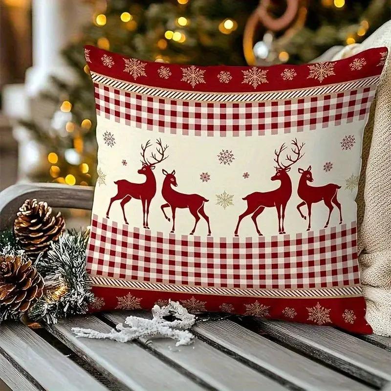 Cotton Reindeer Pillow Covers, Red and White Checkered Christmas Decoration, 2pcs by House Of Avana