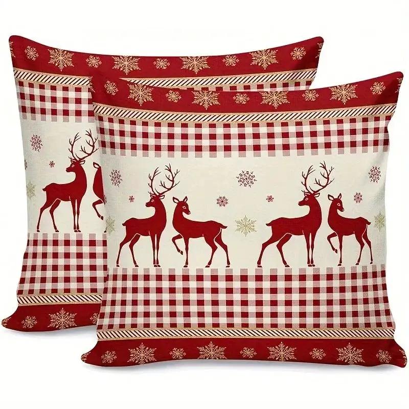 Cotton Reindeer Pillow Covers, Red and White Checkered Christmas Decoration, 2pcs by House Of Avana