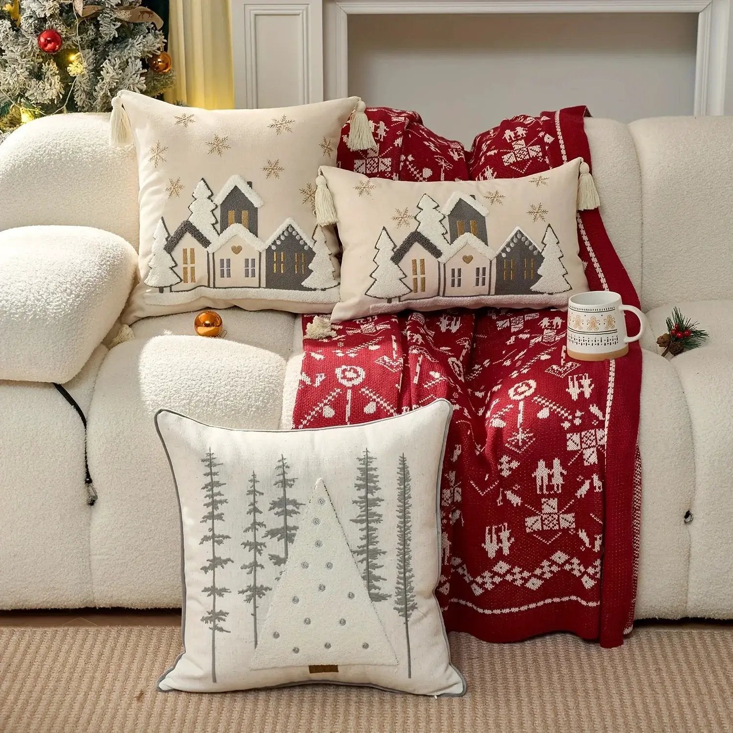 Cotton Throw Pillow Cover - Snowhouse & Tree Design with Golden Stars, Red & White by House Of Avana