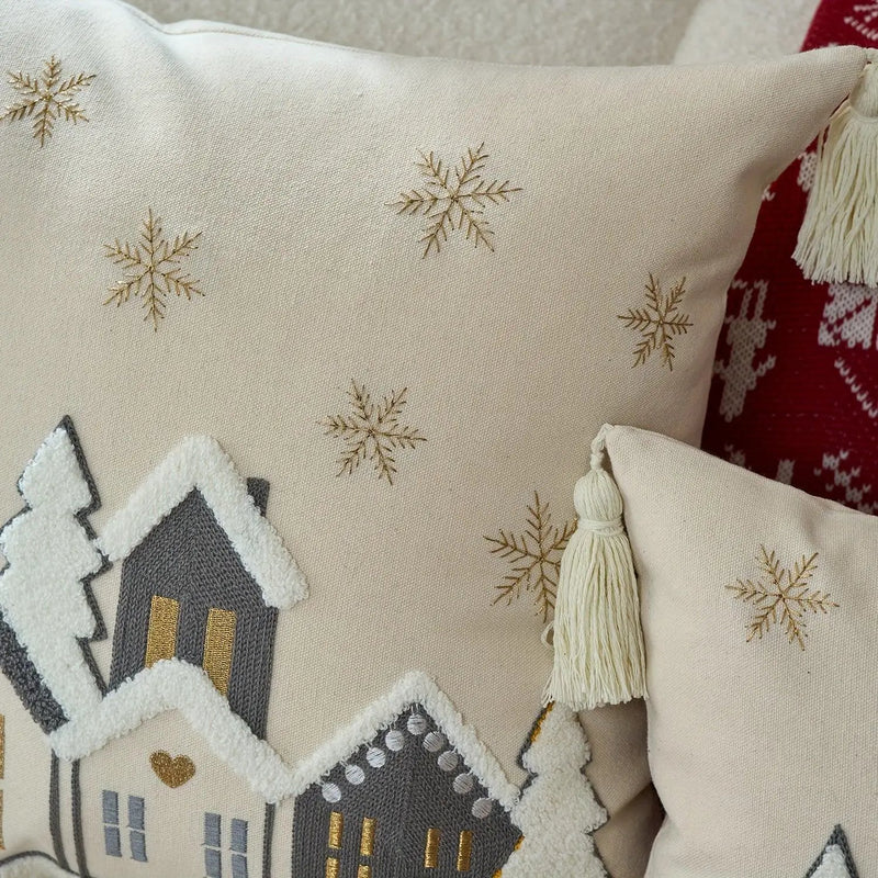 Cotton Throw Pillow Cover - Snowhouse & Tree Design with Golden Stars, Red & White by House Of Avana
