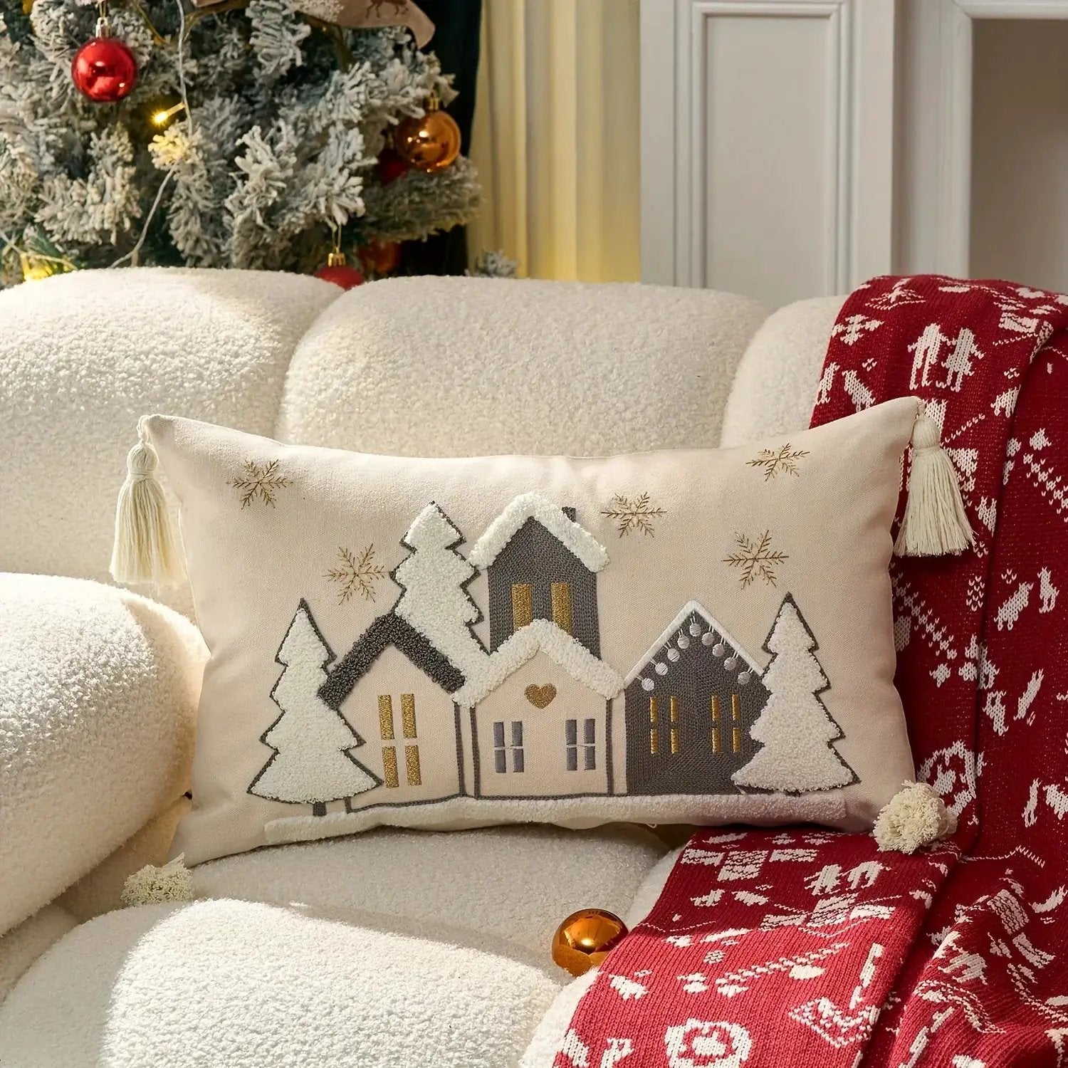 Cotton Throw Pillow Cover - Snowhouse & Tree Design with Golden Stars, Red & White by House Of Avana