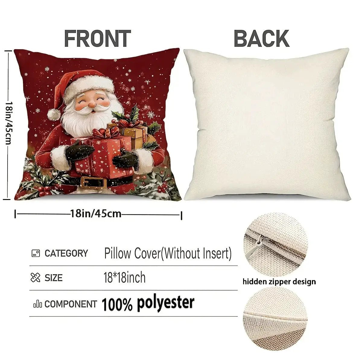 Cotton Throw Pillow Covers, Zipper Closure, 45.72x45.72 cm, Retro Christmas Designs by House Of Avana