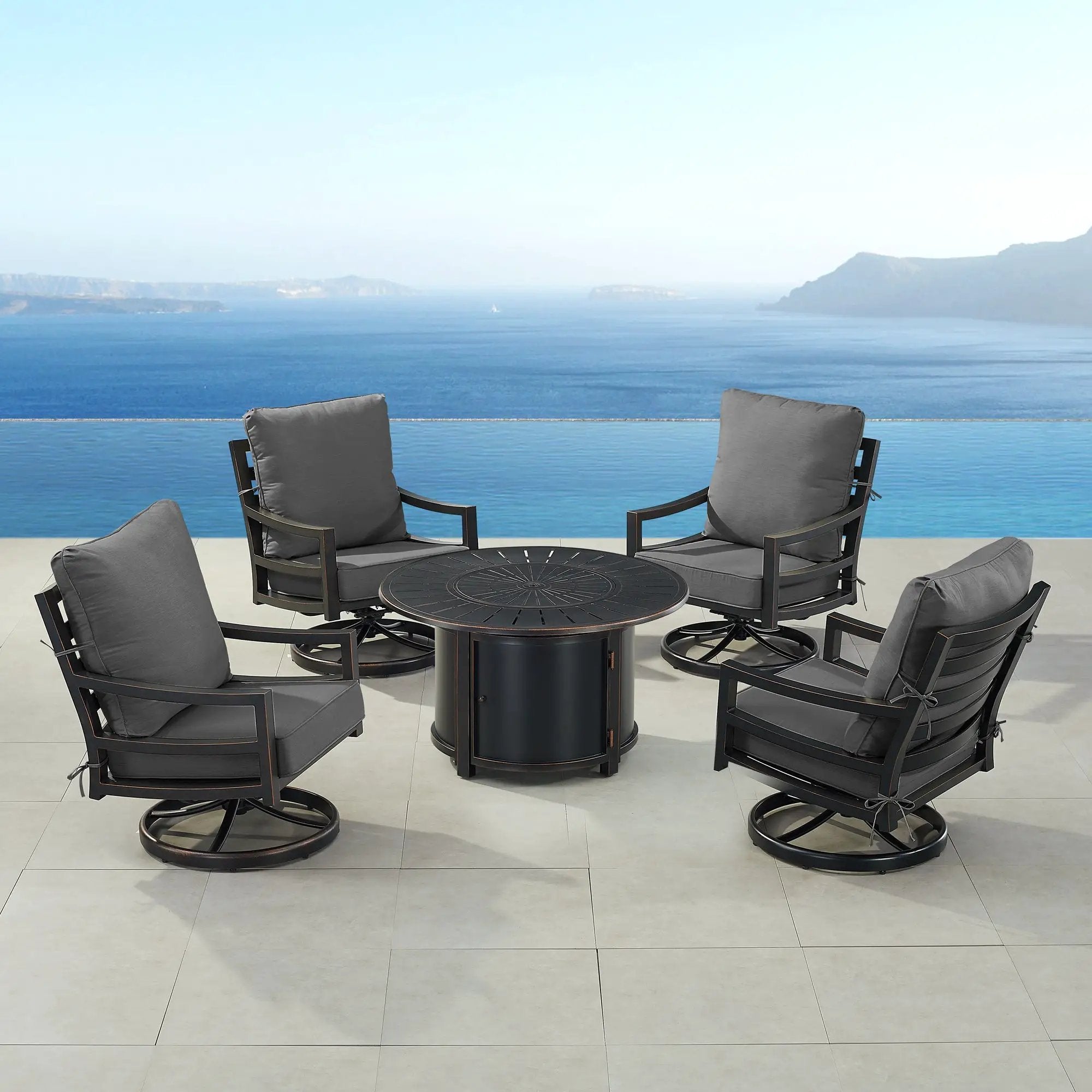 Black Aluminum Fire Table Set with Four Club Chairs by Sharicks