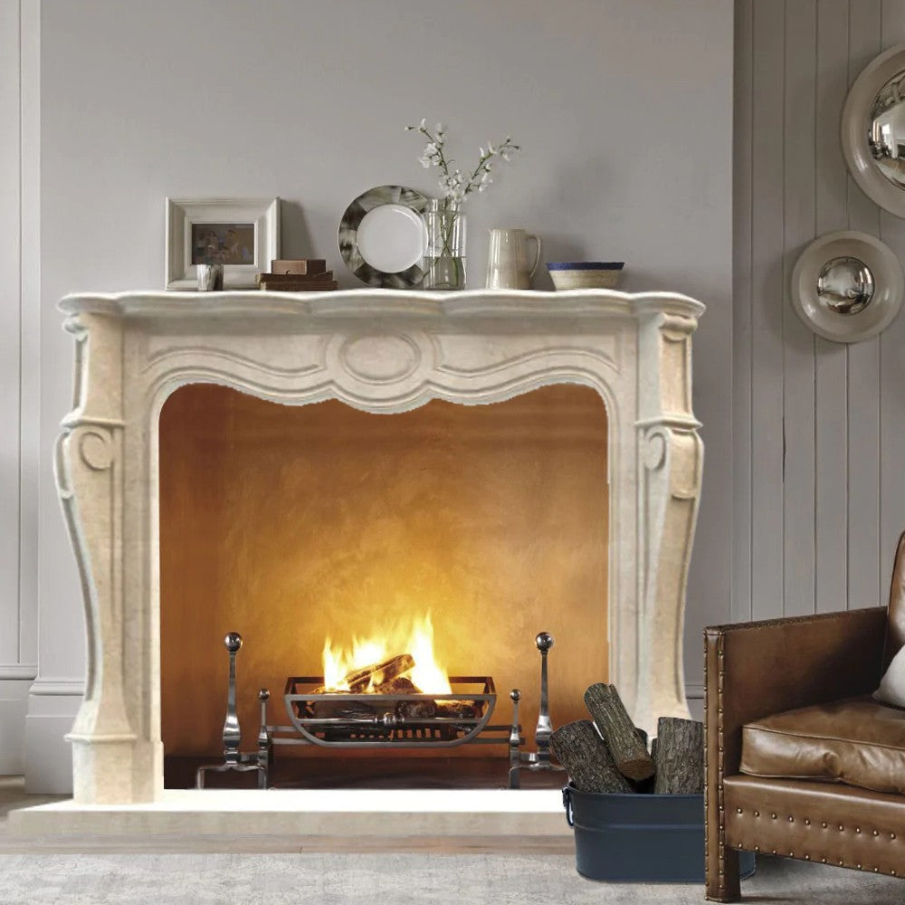 Crema Marfil Marble French Villa Style Hand-carved Fireplace Surround by GobekDesign