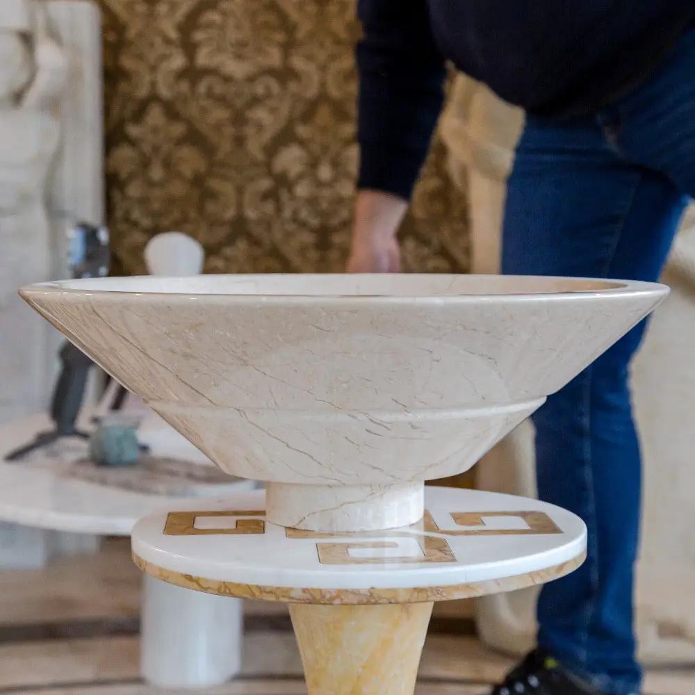 Crema Marfil Marble Natural Stone Tapered Vessel Sink High Gloss Polished 16 Inch by GobekDesign