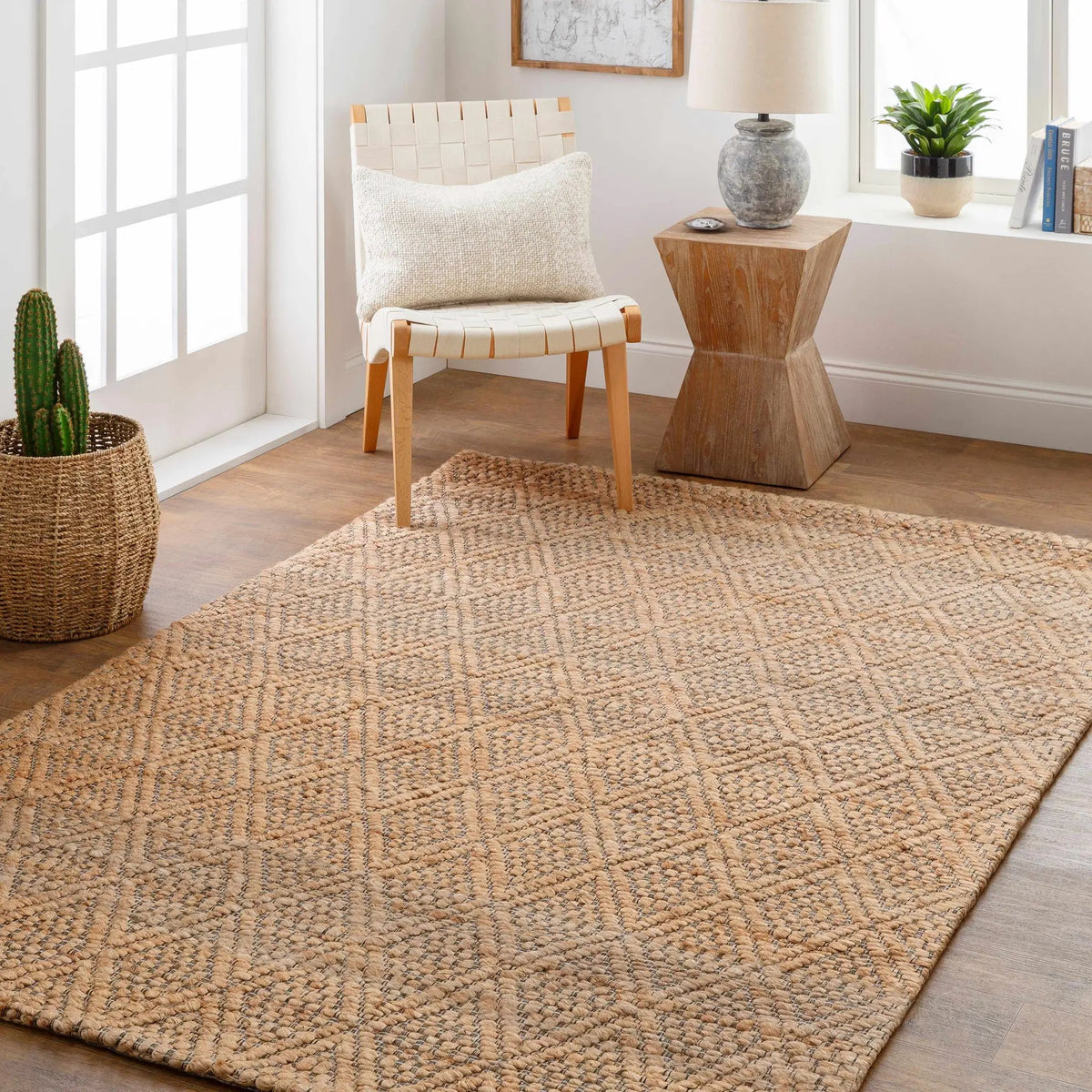 Buwoi Hand Woven Tan Jute Rug - Clearance, installed in a room