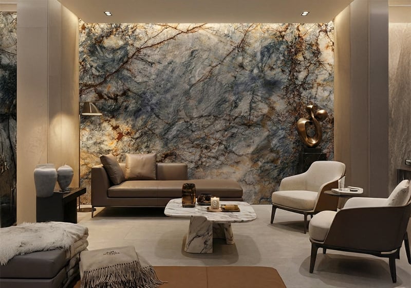 Cristallo Azur Polished Quartzite Slab Random room scene 3