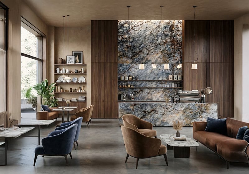 Cristallo Azur Polished Quartzite Slab Random room scene 6