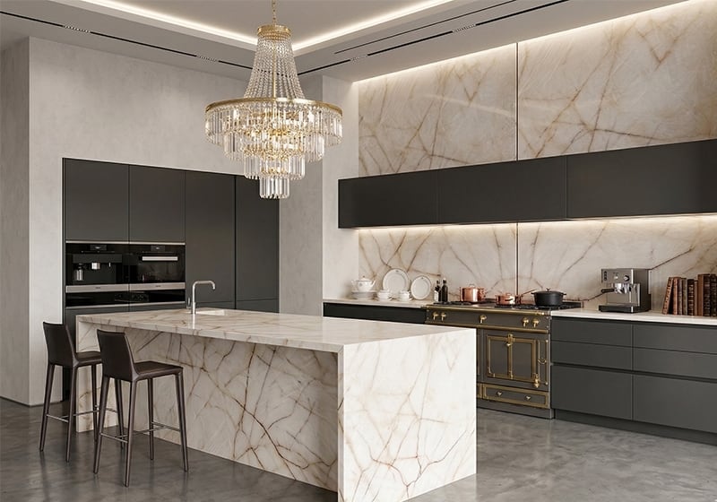 Cristallo Luminescence Select Polished Quartzite Slab Random room scene
