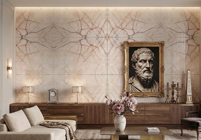 Cristallo Luminescence Select Polished Quartzite Slab Random room scene 3