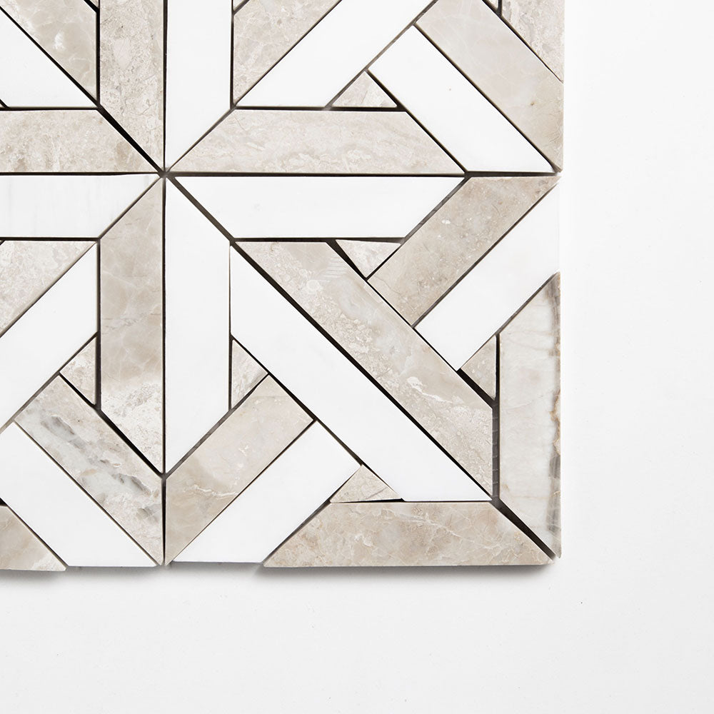 Crossed Pickets Alpina White, Royal Beige Honed Marble Waterjet Decos 9 11/16x9 11/16 Marble Honed 12x12 Waterjet Decos — 1