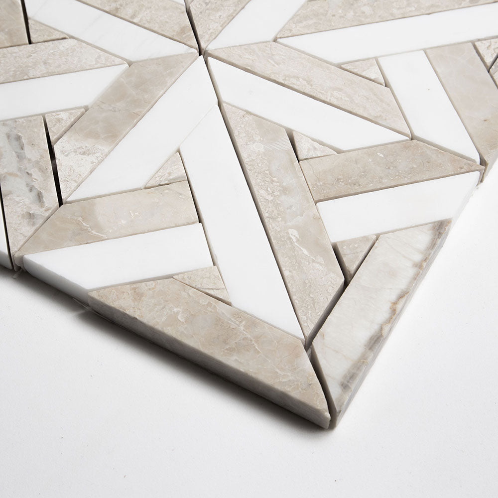 Crossed Pickets Alpina White, Royal Beige Honed Marble Waterjet Decos 9 11/16x9 11/16 Marble Honed 12x12 Waterjet Decos — 2