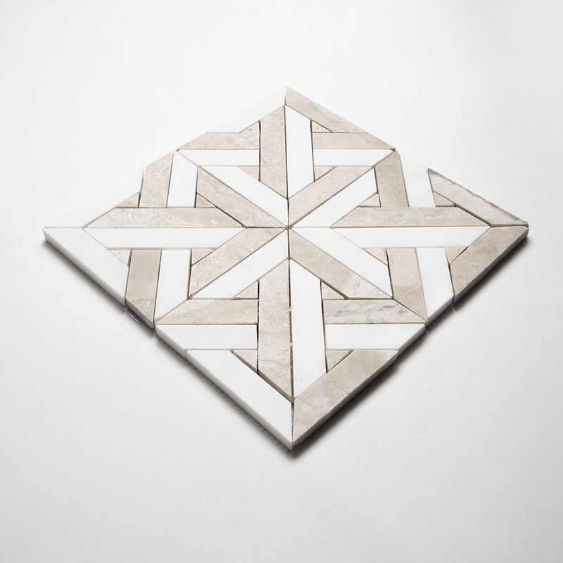 Crossed Pickets Alpina White, Royal Beige Honed Marble Waterjet Decos 9 11/16x9 11/16 Marble Honed 12x12 Waterjet Decos — 3