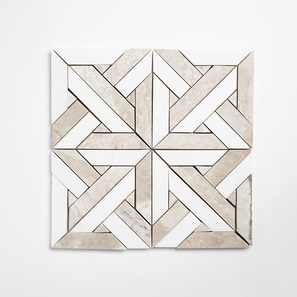 Crossed Pickets Alpina White, Royal Beige Honed Marble Waterjet Decos 9 11/16x9 11/16 Marble Honed 12x12 Waterjet Decos