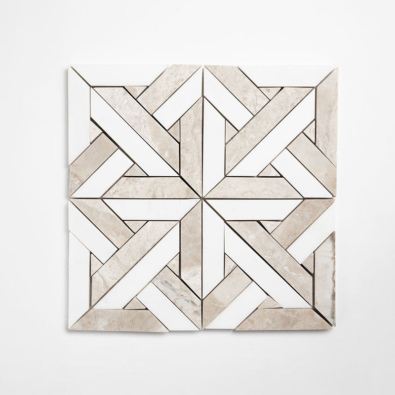 Crossed Pickets Alpina White, Royal Beige Honed Marble Waterjet Decos 9 11/16x9 11/16 Marble Honed 12x12 Waterjet Decos