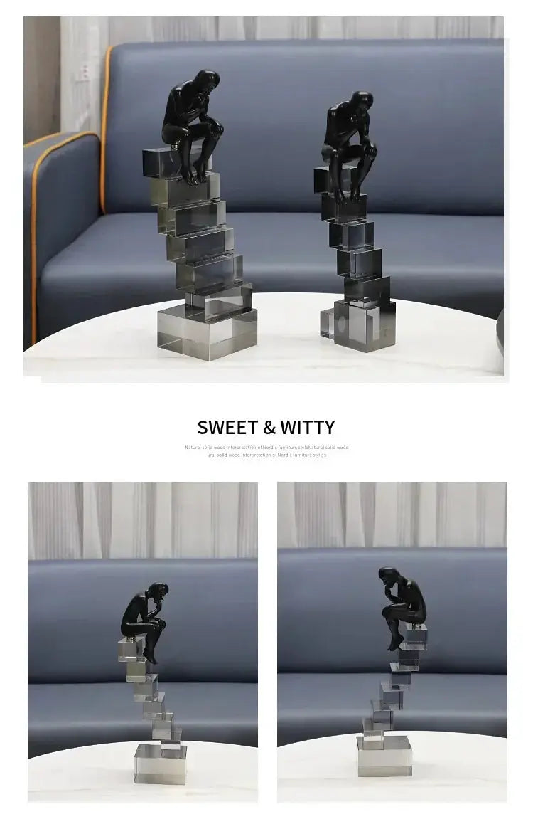 Modern Thinker Sculpture on Geometric Pedestal for Luxury Home Decor by House Of Avana