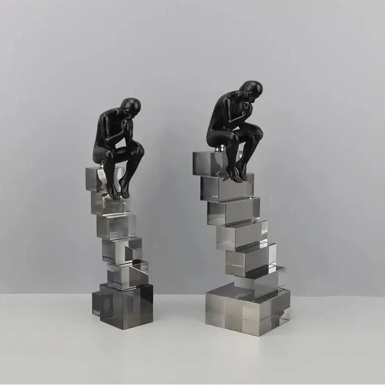 Modern Thinker Sculpture on Geometric Pedestal for Luxury Home Decor by House Of Avana