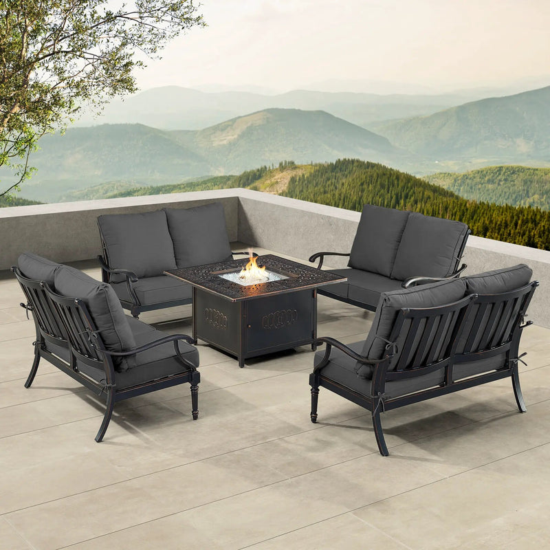 Black Aluminum Fire Table Set with Four Deep Seating Loveseats by Sharicks