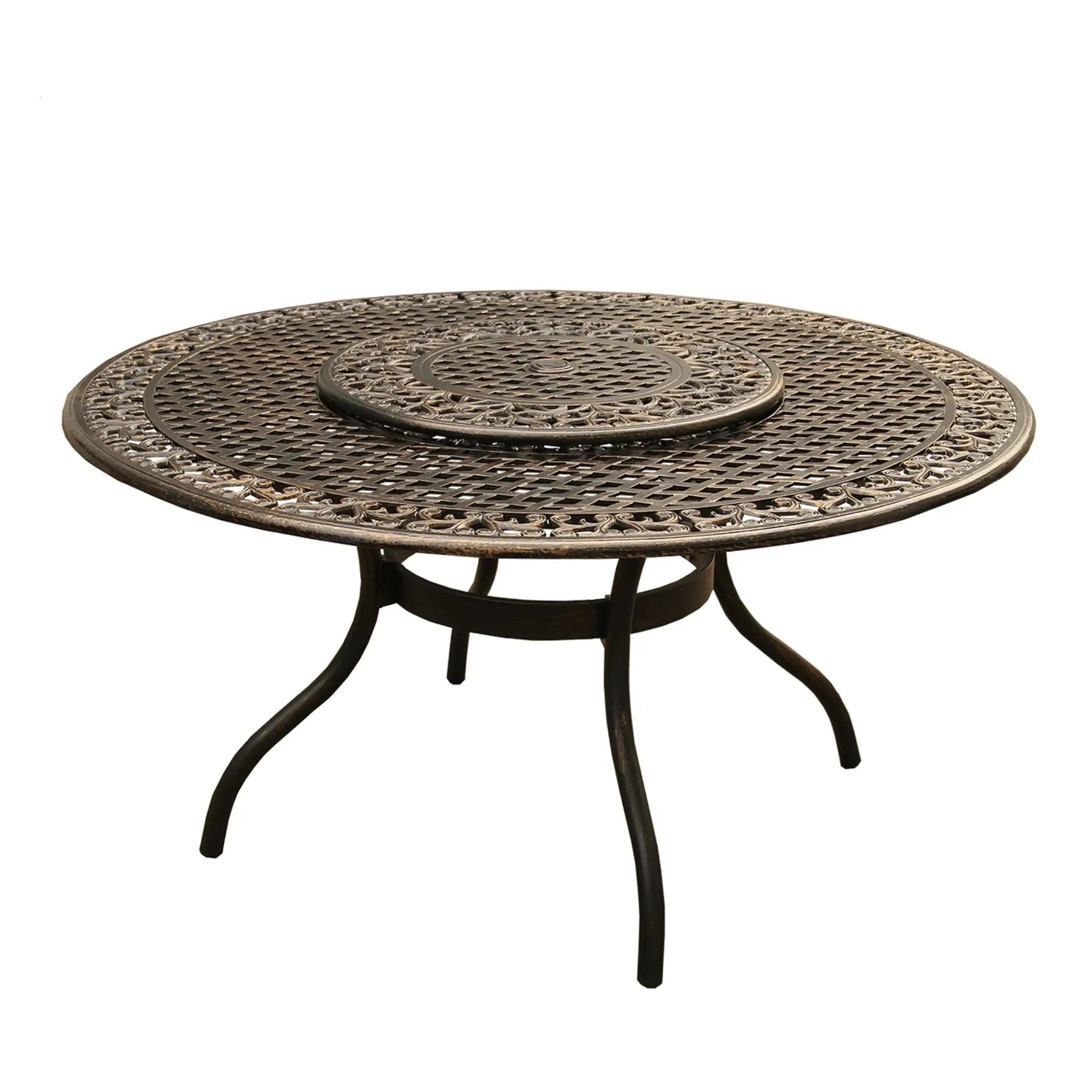 Outdoor Ornate Aluminum 59-in Round Patio Dining Table with Lazy Susan by Sharicks