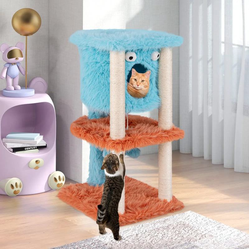 Cute Monster-Themed Cat Tower with Private Condo and Soft Long Plush-Blue by DirectDeals