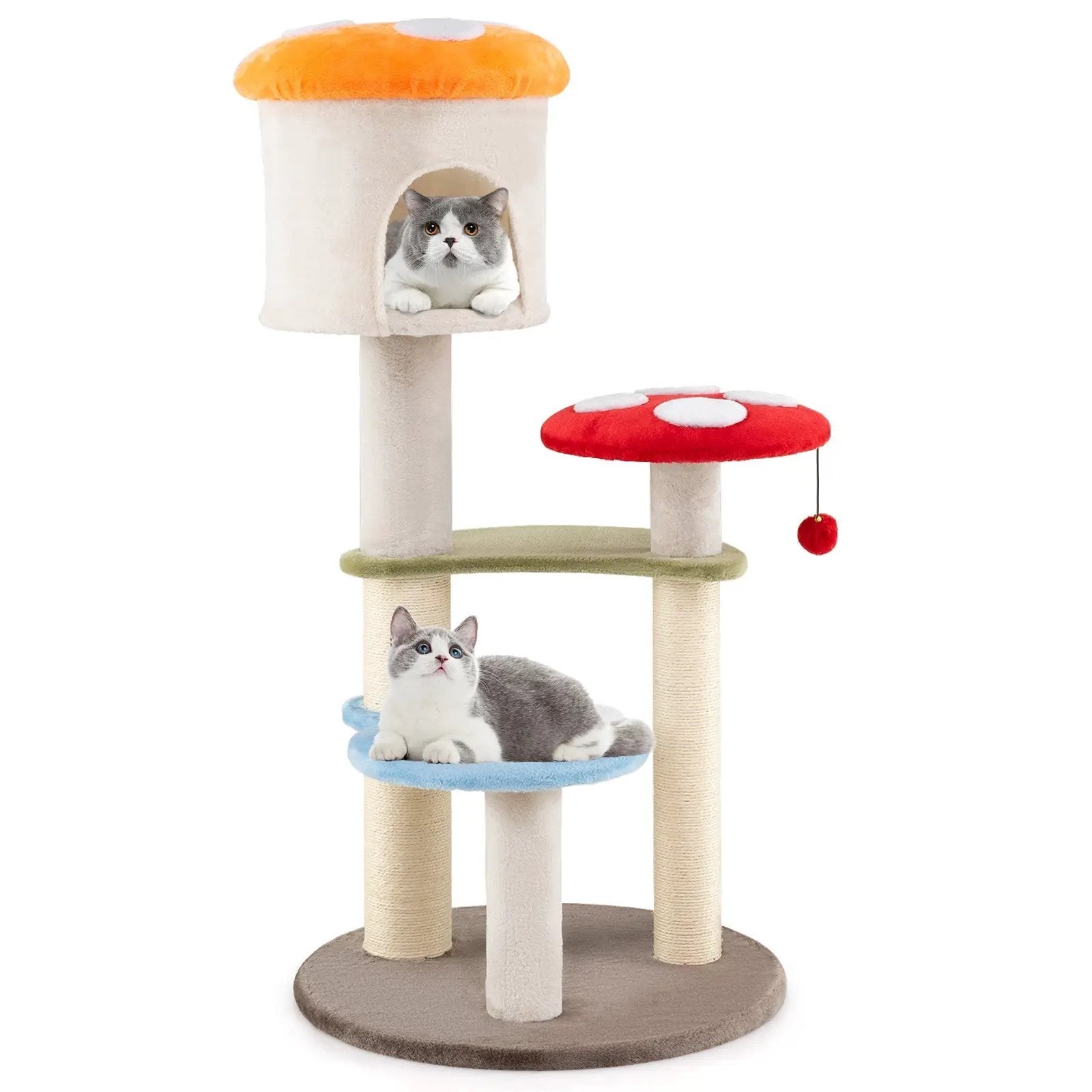 Cute Mushroom Cat Tree with Sisal Scratching Posts Top Condo and Padded Platforms-Multicolor by DirectDeals