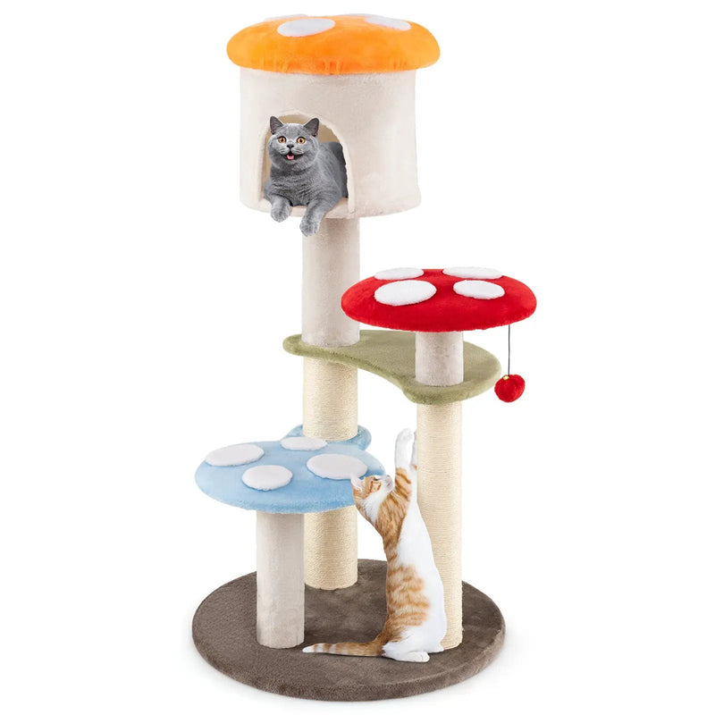 Cute Mushroom Cat Tree with Sisal Scratching Posts Top Condo and Padded Platforms-Multicolor by DirectDeals
