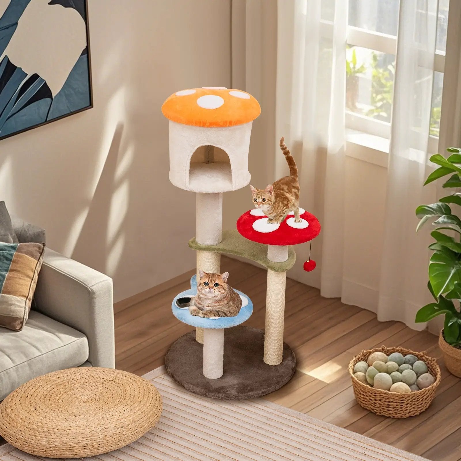Cute Mushroom Cat Tree with Sisal Scratching Posts Top Condo and Padded Platforms-Multicolor by DirectDeals