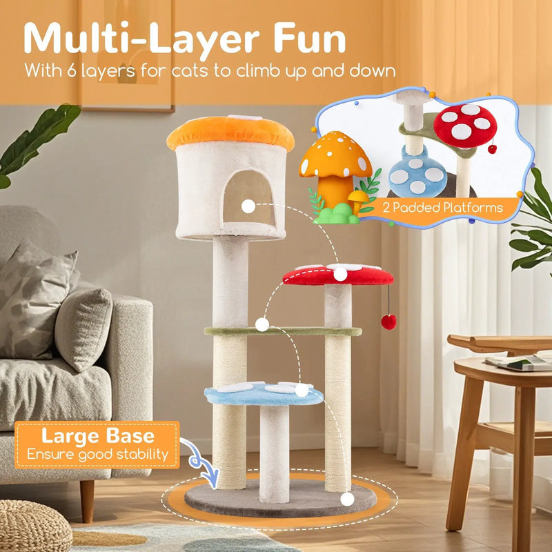 Cute Mushroom Cat Tree with Sisal Scratching Posts Top Condo and Padded Platforms-Multicolor by DirectDeals