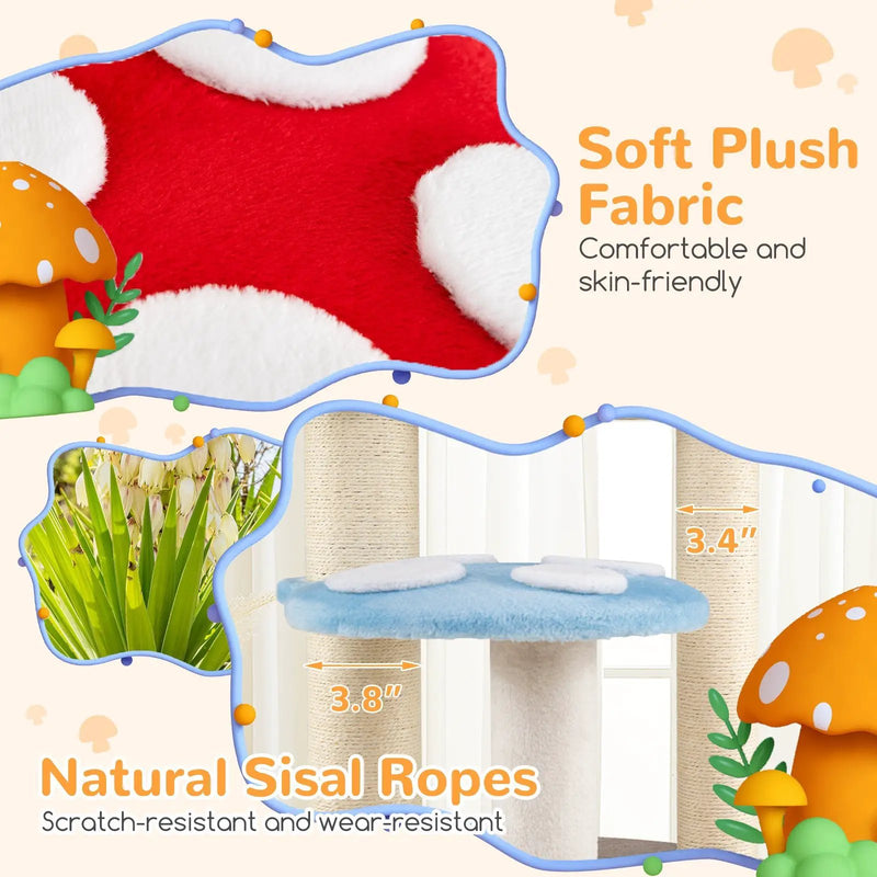 Cute Mushroom Cat Tree with Sisal Scratching Posts Top Condo and Padded Platforms-Multicolor by DirectDeals