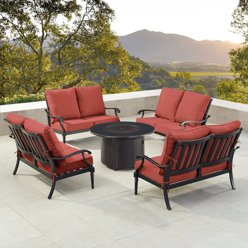 Black Aluminum Fire Table Set with Four Deep Seating Loveseats by Sharicks