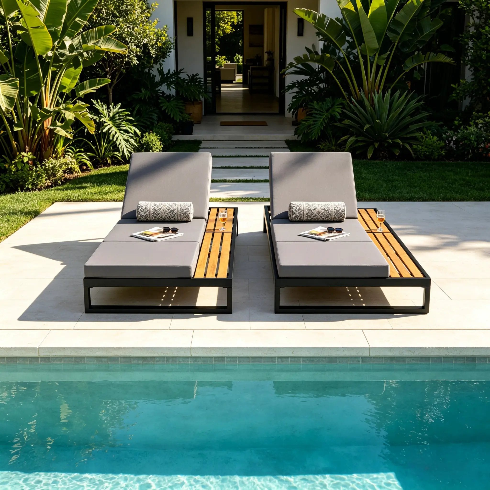 Black Iron & Teak Finish Chaise Lounge Set by HouseOfZazla