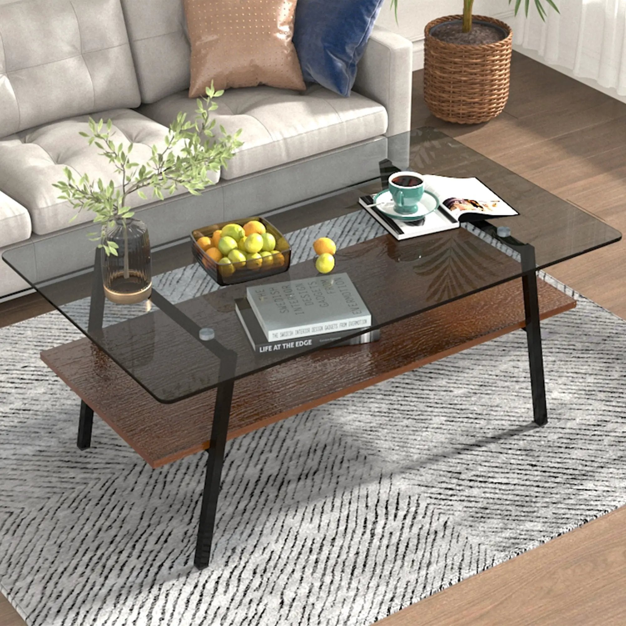 Rectangle Coffee Table, Tempered Glass Tabletop With Metal Legs by HouseOfZazla