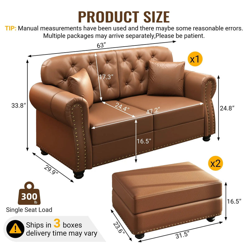 Upholstered Sofa With Nailhead Trim, Rolled Armrests With Ottoman by HouseOfZazla