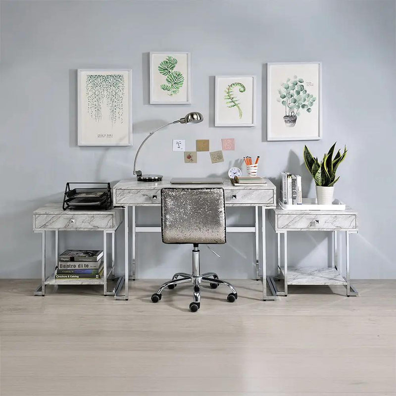 Tigress - Writing Desk - White Printed Faux Marble Top & Chrome by Unique Piece Furniture