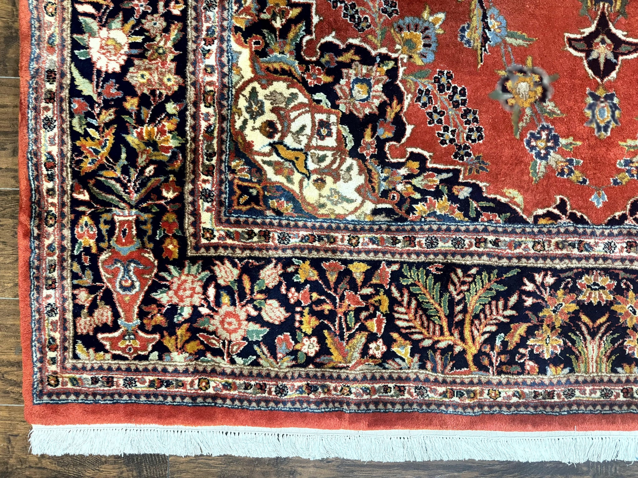 Indo Persian Rug 7x10, Vintage Handmade Wool Carpet, Floral Medallion Traditional Rug, Red and Midnight Blue by Jewel Rugs