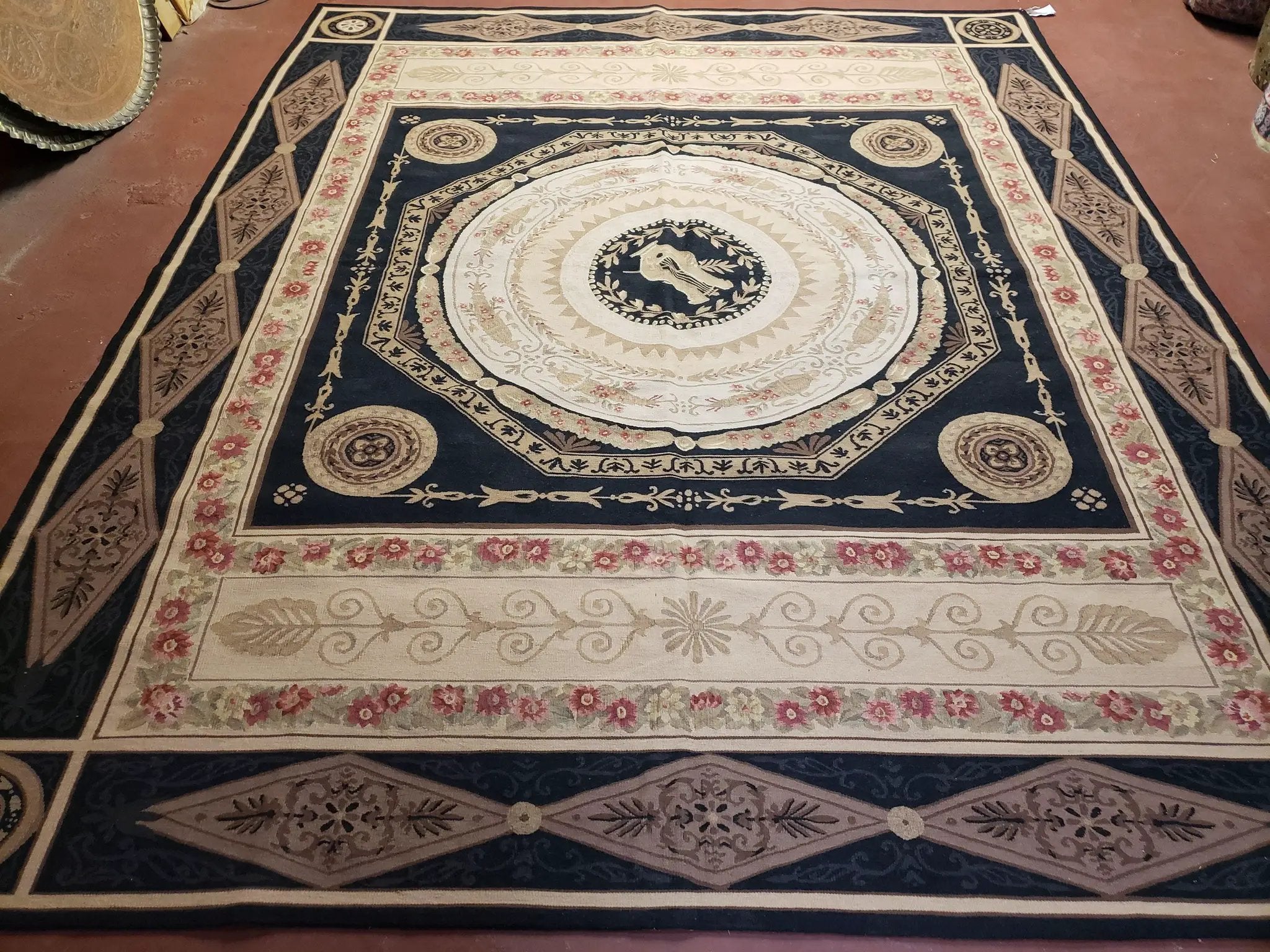 8x10 Woolen Needlepoint Rug Black European Savonnerie Carpet Circles Flat Weave Carpet Area Rug New Handmade Hand-Knotted Harp Flowers by Jewel Rugs