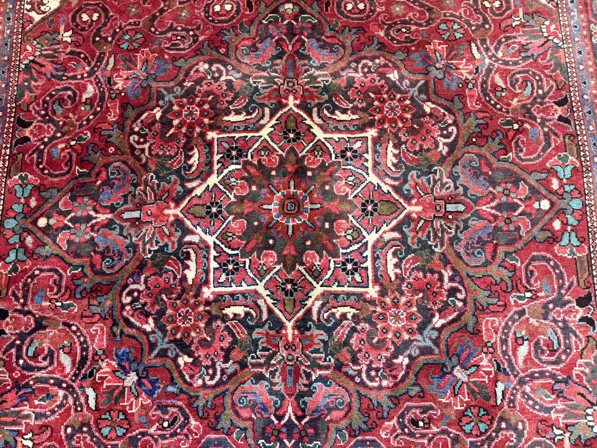 Persian Heriz Rug 7x10, Red and Navy, Geometric Medallion, Vintage Wool Carpet by Jewel Rugs