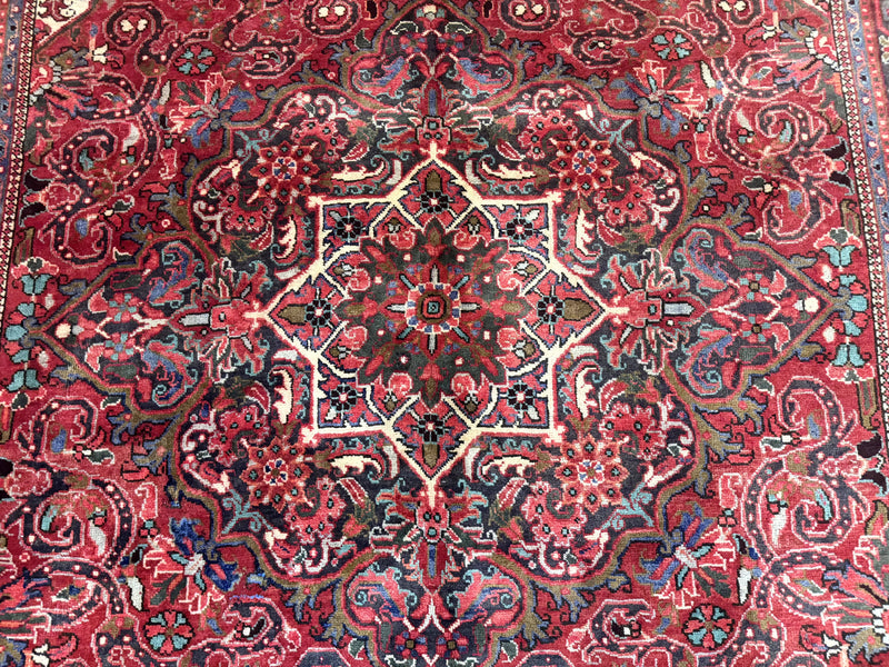 Persian Heriz Rug 7x10, Red and Navy, Geometric Medallion, Vintage Wool Carpet by Jewel Rugs