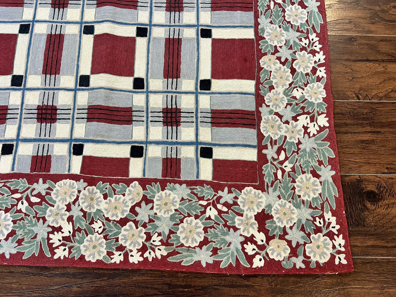 Indian Hand Stitched Rug 4x6, Vintage Carpet, Checkerboard Floral Pattern, Maroon Ivory, Flatweave, Wool by Jewel Rugs