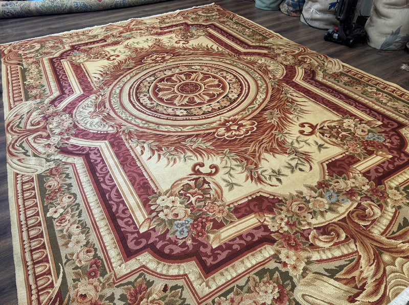 Large Aubusson Rug 10x13, Thick Flatweave Carpet, Elegant European Design, Cream and Raspberry by Jewel Rugs