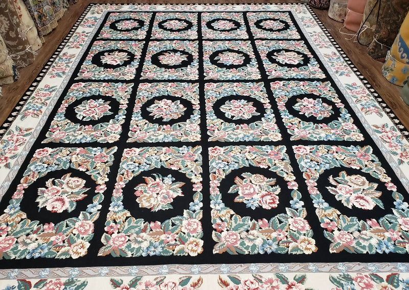 Floral Needlepoint Rug 9.5 x 13.6, Floral Panel Design, Black and Ivory Flatweave Aubusson Carpet, Multicolor by Jewel Rugs