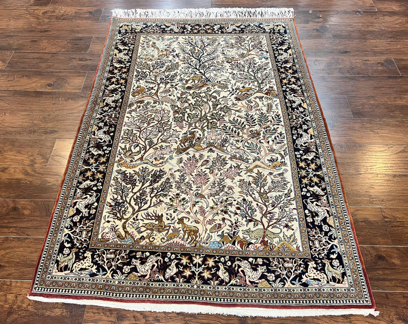 Persian Qum Tree of Life Rug 5x7, Wool and Silk Highlights, Animal Motifs, Vintage Hand Knotted Handmade Cream & Black Fine Oriental Carpet by Jewel Rugs